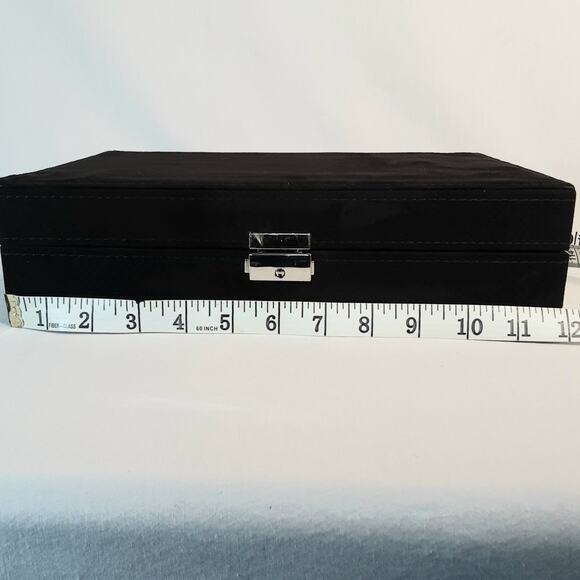 Black Velvety Fabric Lined Jewelry Box Multi Compartments Mirror Locking  Key - Picture 11 of 13